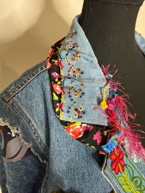 AMBER STUDIOS One Of A Kind Denim Jean Maxi Coat Duster Art To Wear Boho Large - Picture 6 of 16